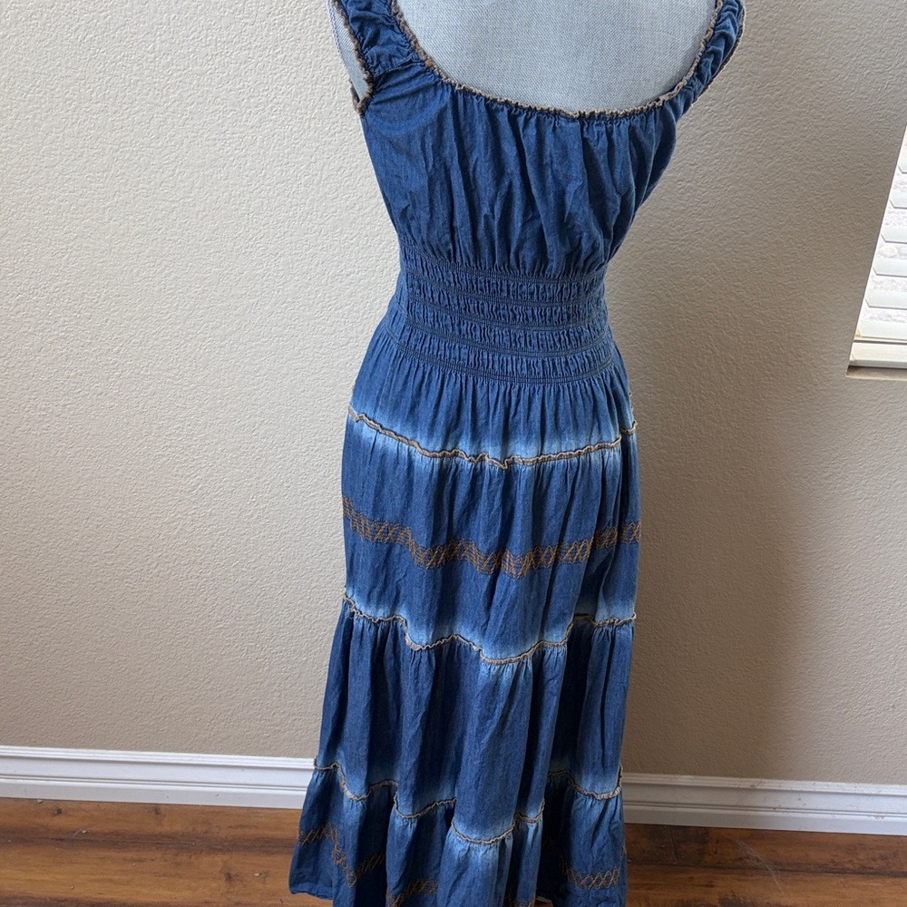 Lapis Chambray Tiered Maxi Dress Smocked Boho Prairie Large - Picture 4 of 8
